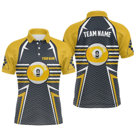 Billiard Polo Shirts, Personalized 9 Ball Pool Billiards Yellow Grey Polo Shirts, Custom Pool Billiards Jerseys, Billiards Team Shirts