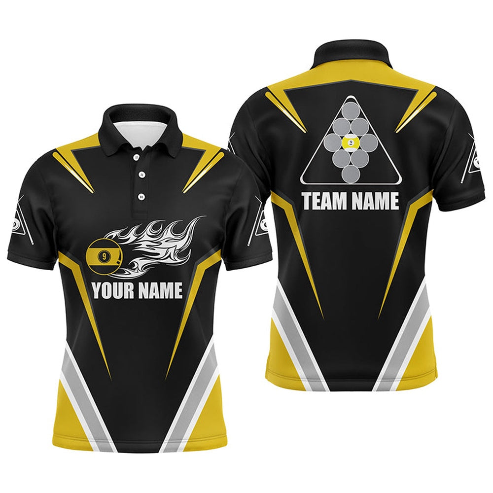 Billiard Polo Shirts, Personalized 9 Ball Pool Flame Yellow Black Billiard Polo Shirts, Custom Billiards Jerseys, Billiards Team Shirts