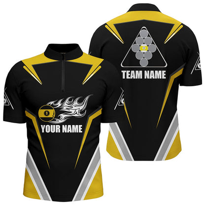 Billiard Polo Shirts, Personalized 9 Ball Pool Flame Yellow Black Billiard Polo Shirts, Custom Billiards Jerseys, Billiards Team Shirts