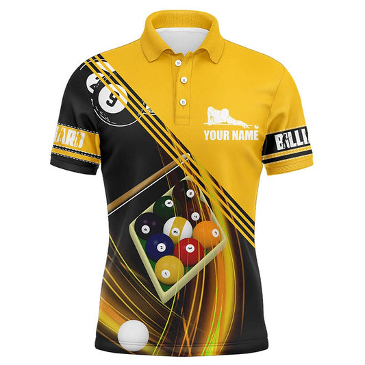 Billiard Polo Shirts, Personalized 9 Ball Pool Players Billiards Yellow 3D Polo Shirts, Billiard Balls Shirts, Billiards Team Shirts