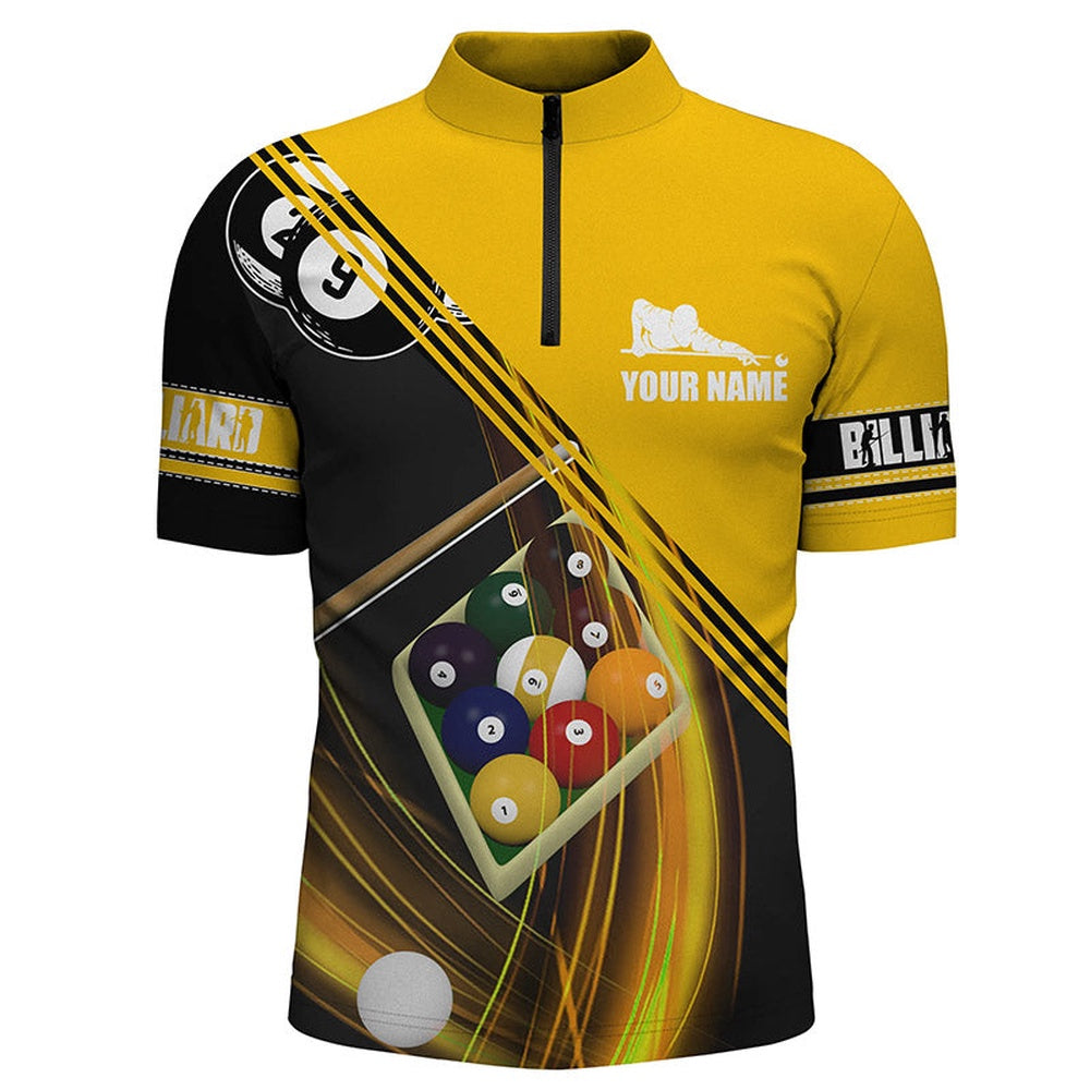 Billiard Polo Shirts, Personalized 9 Ball Pool Players Billiards Yellow 3D Polo Shirts, Billiard Balls Shirts, Billiards Team Shirts
