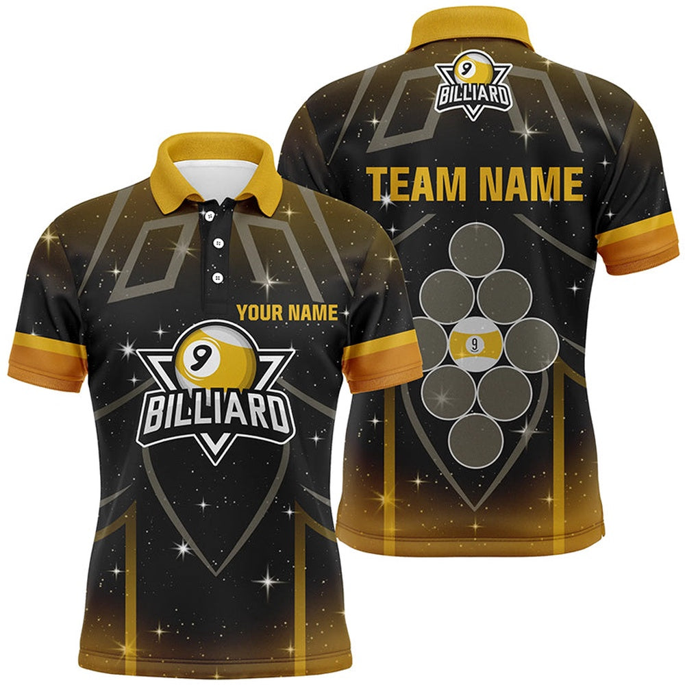 Billiard Polo Shirts, Personalized 9 Ball Pool Yellow Black Billiard 3D Polo Shirts, 9 Ball Billiard Jerseys, Billiards Team Shirts