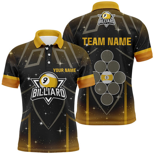 Billiard Polo Shirts, Personalized 9 Ball Pool Yellow Black Billiard 3D Polo Shirts, 9 Ball Billiard Jerseys, Billiards Team Shirts