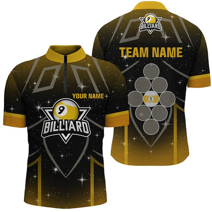 Billiard Polo Shirts, Personalized 9 Ball Pool Yellow Black Billiard 3D Polo Shirts, 9 Ball Billiard Jerseys, Billiards Team Shirts