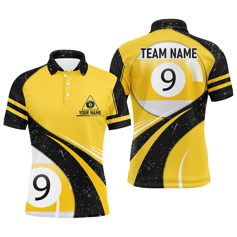 Billiard Polo Shirts, Personalized 9 Ball Pool Yellow Black Grunge Billiard Polo Shirts, 9 Ball Billiard Jerseys, Billiards Team Shirts