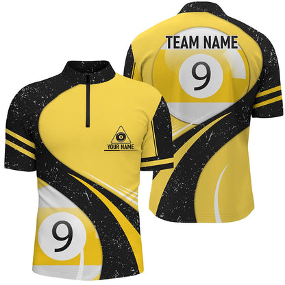Billiard Polo Shirts, Personalized 9 Ball Pool Yellow Black Grunge Billiard Polo Shirts, 9 Ball Billiard Jerseys, Billiards Team Shirts