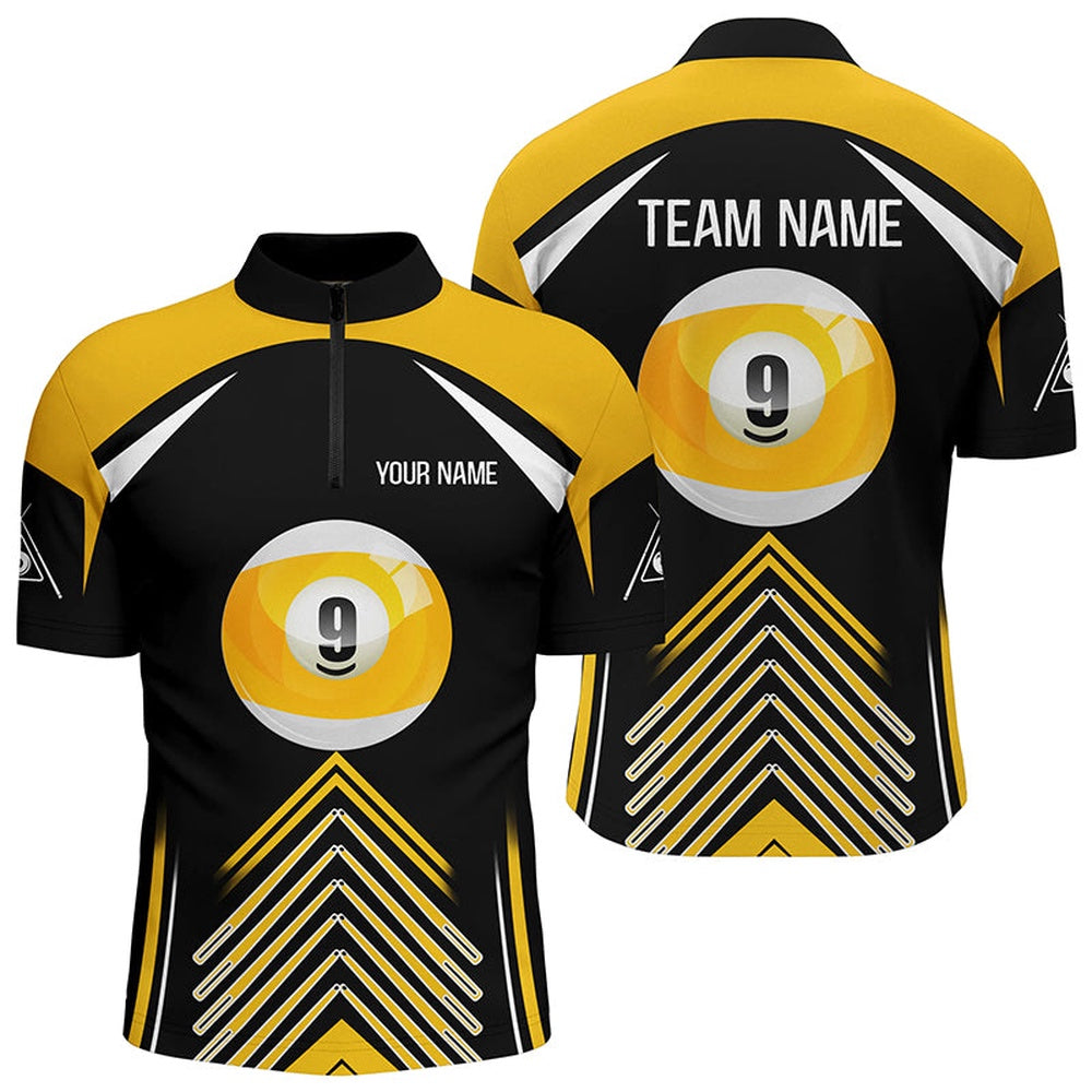 Billiard Polo Shirts, Personalized 9 Ball Pool Yellow Black Version Billiard Polo Shirts, Billiards Jerseys, Billiards Team Shirts
