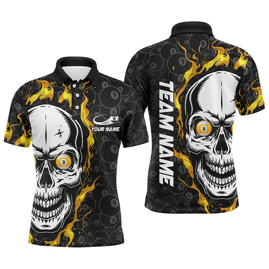 Billiard Polo Shirts, Personalized 9 Ball Pool Yellow Flame Skull Billiard Polo Shirts Custom Name Billiard Jerseys, Billiards Team Shirts