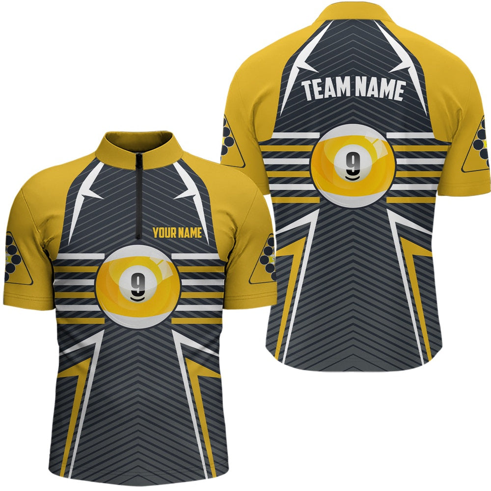 Billiard Polo Shirts, Personalized 9 Ball Pool Yellow Grey Billiards Polo Shirts, Pool Billiards Jerseys, Billiards Team Shirts