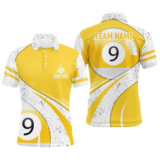 Billiard Polo Shirts, Personalized 9 Ball Pool Yellow White Grunge Billiard Polo Shirts, 9 Ball Billiard Jerseys, Billiards Team Shirts