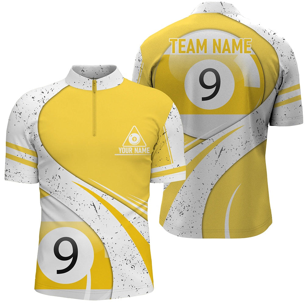 Billiard Polo Shirts, Personalized 9 Ball Pool Yellow White Grunge Billiard Polo Shirts, 9 Ball Billiard Jerseys, Billiards Team Shirts