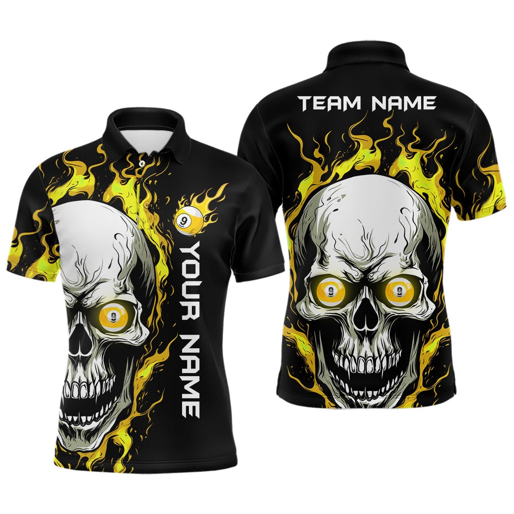 Billiard Polo Shirts, Personalized 9 Ball Yellow Skull 3D Printed Billiard 'S Shirts Custom Pool Team Polo Shirts, Billiards Team Shirts