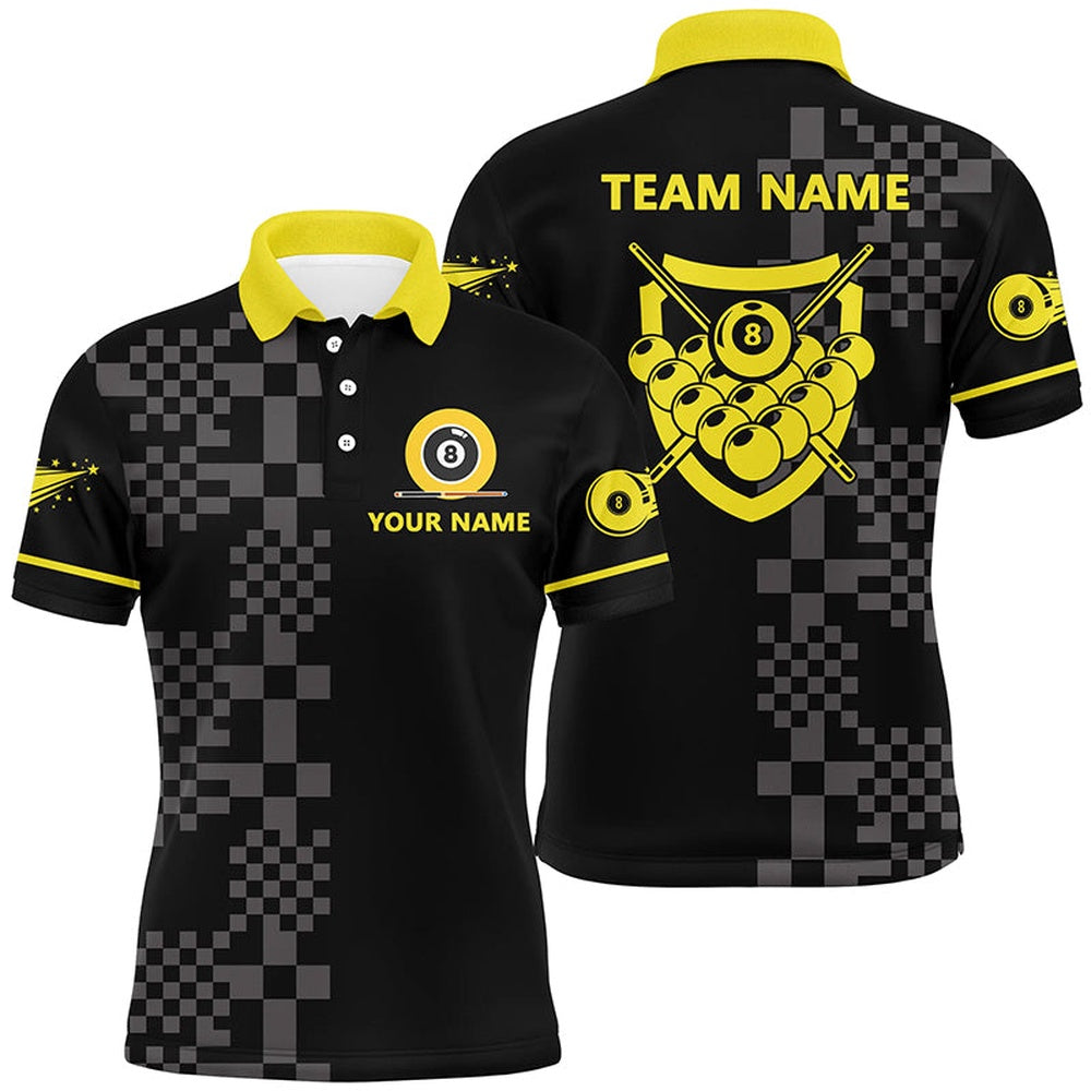 Billiard Polo Shirts, Personalized Abstract Square Pattern 8 Ball Pool Yellow Black Billiard 3D Polo Shirts, Billiards Team Shirts