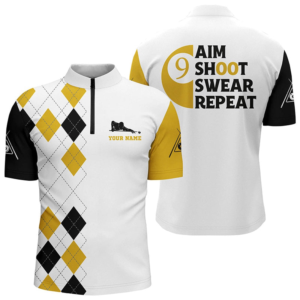 Billiard Polo Shirts, Personalized Aim Shoot Swear Repeat 9 Ball Pool Yellow Billiards Polo Shirts, Billiards Team Shirts