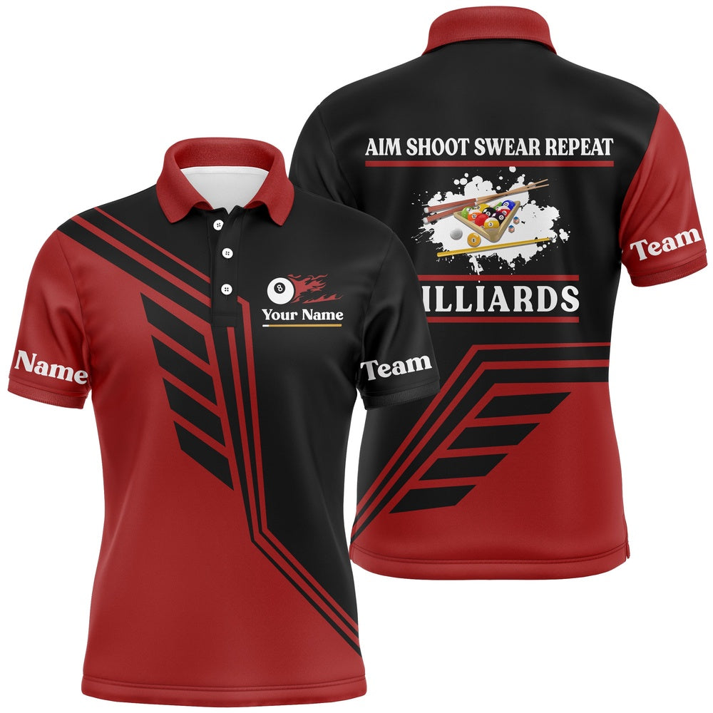 Billiard Polo Shirts, Personalized Aim Shoot Swear Repeat Billiard Polo Shirts, Custom Red Black Billiard Jerseys, Billiards Team Shirts