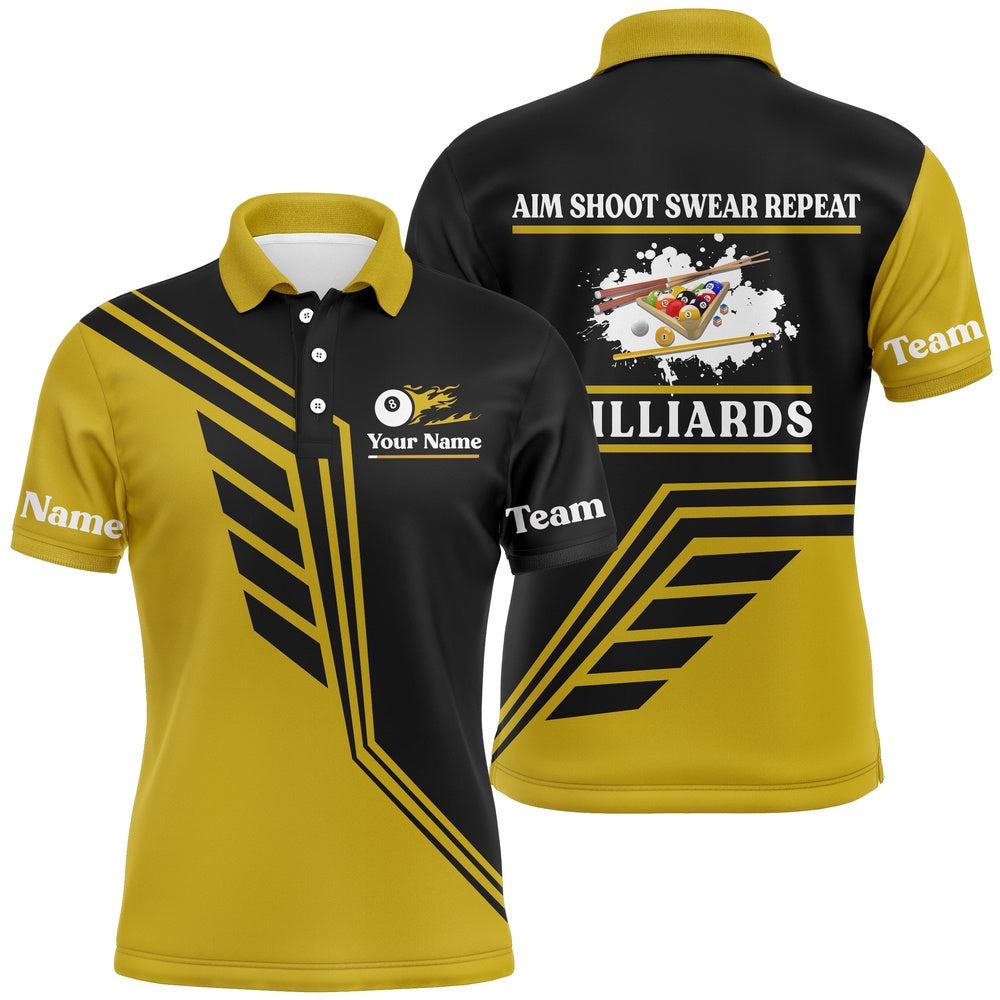Billiard Polo Shirts, Personalized Aim Shoot Swear Repeat Billiard Polo Shirts, Yellow Black Billiard Jerseys, Billiards Team Shirts