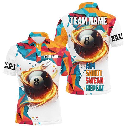 Billiard Polo Shirts, Personalized Aim Shoot Swear Repeat Billiard Shirts Custom Colorful 8 Ball Pool Shirts, Billiards Team Shirts