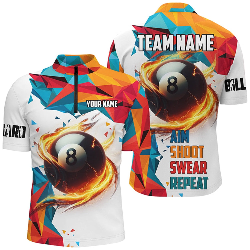 Billiard Polo Shirts, Personalized Aim Shoot Swear Repeat Billiard Shirts Custom Colorful 8 Ball Pool Shirts, Billiards Team Shirts