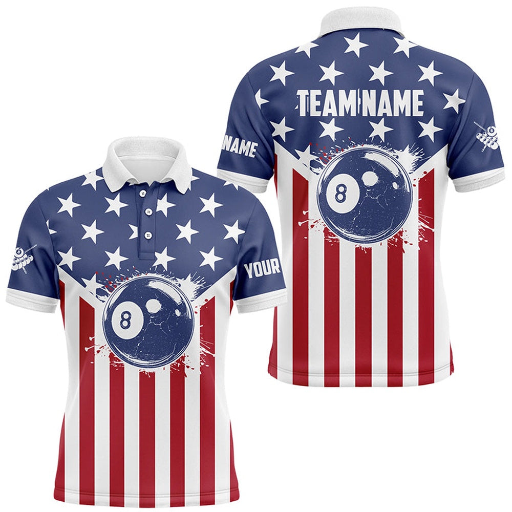 Billiard Polo Shirts, Personalized American Flag 8 Ball Billiard Shirts Custom Patriotic Billiard Pool Jerseys, Billiards Team Shirts