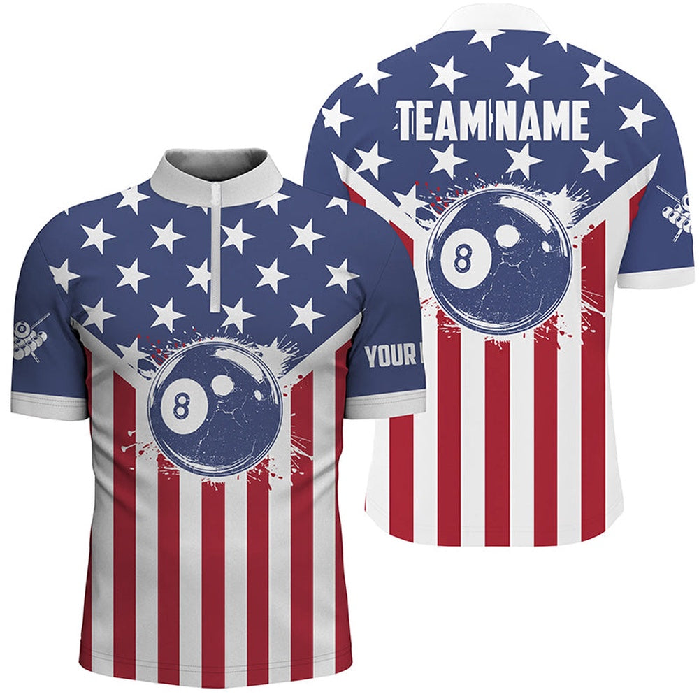 Billiard Polo Shirts, Personalized American Flag 8 Ball Billiard Shirts Custom Patriotic Billiard Pool Jerseys, Billiards Team Shirts