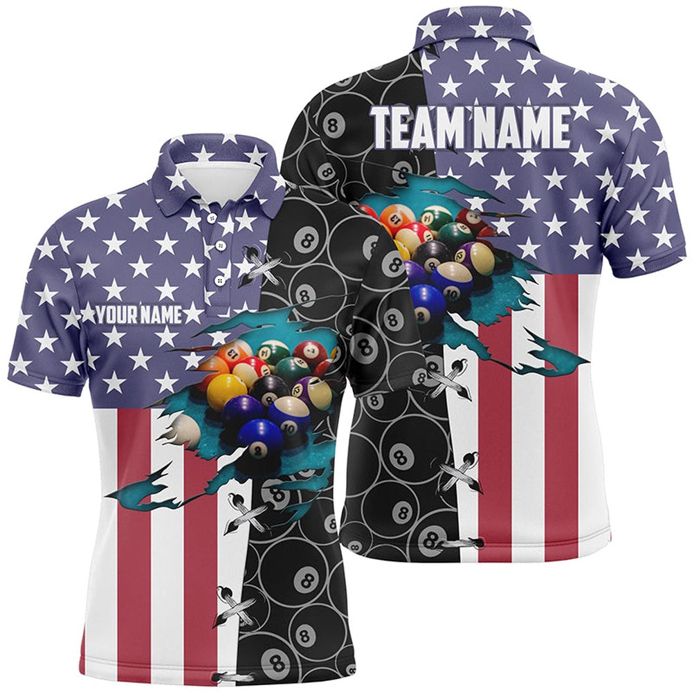 Billiard Polo Shirts, Personalized American Flag Billiard Polo Shirts, Custom 8 Ball Pattern Pool Balls Jerseys, Billiards Team Shirts