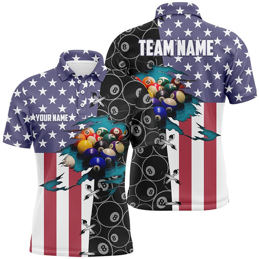 Billiard Polo Shirts, Personalized American Flag Billiard Polo Shirts, Custom 8 Ball Pattern Pool Balls Jerseys, Billiards Team Shirts