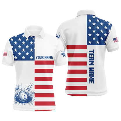 Billiard Polo Shirts, Personalized American Flag Billiard Polo Shirts Custom Name Patriotic Pool Player Shirts, Billiards Team Shirts