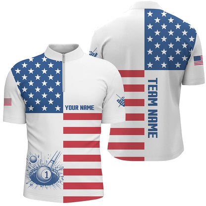 Billiard Polo Shirts, Personalized American Flag Billiard Polo Shirts Custom Name Patriotic Pool Player Shirts, Billiards Team Shirts