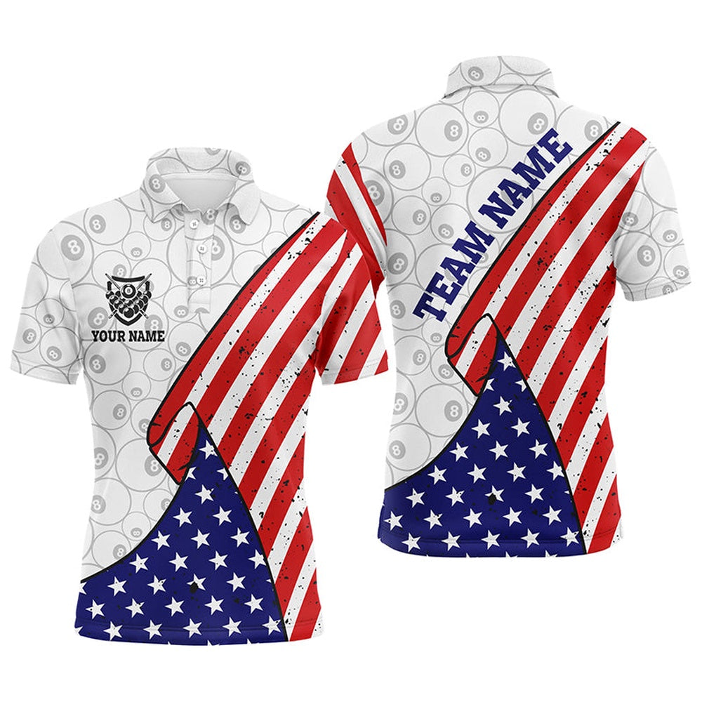 Billiard Polo Shirts, Personalized American Flag Billiards Polo Shirts, Custom 8 Ball Pattern Billiards Jerseys, Billiards Team Shirts