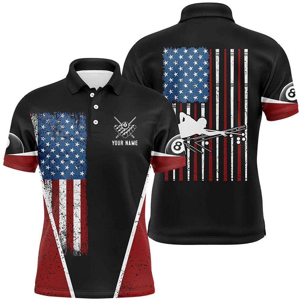 Billiard Polo Shirts, Personalized American Flag Billiards Polo Shirts, Custom Billiards 8 Ball Pool Shirts, Billiards Team Shirts