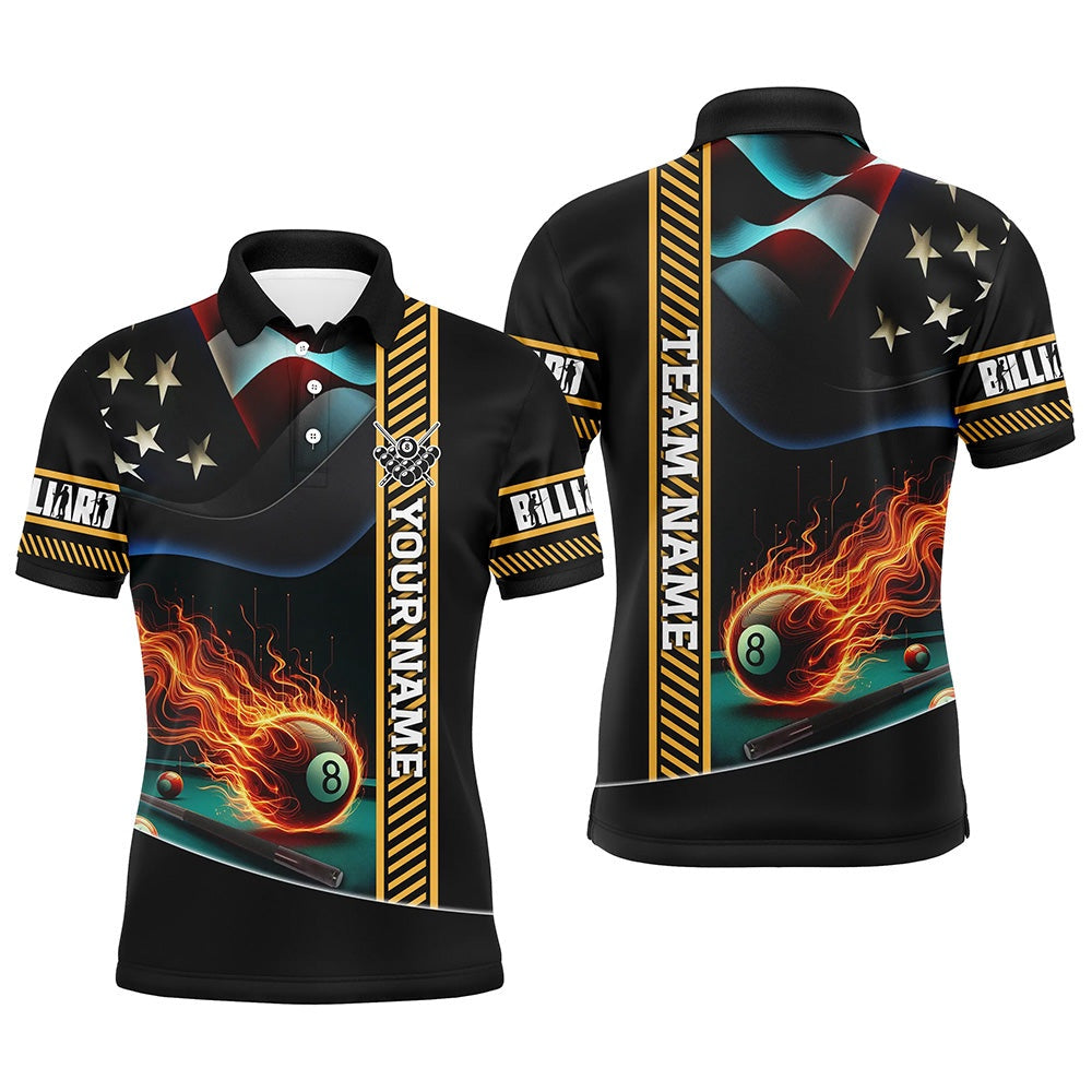 Billiard Polo Shirts, Personalized American Flag Flaming 8 Ball Pool Polo Shirts, Patriotic Billiard Attire Jerseys, Billiards Team Shirts
