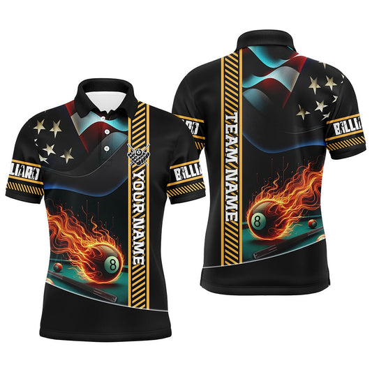 Billiard Polo Shirts, Personalized American Flag Flaming 8 Ball Pool Polo Shirts, Patriotic Billiard Attire Jerseys, Billiards Team Shirts