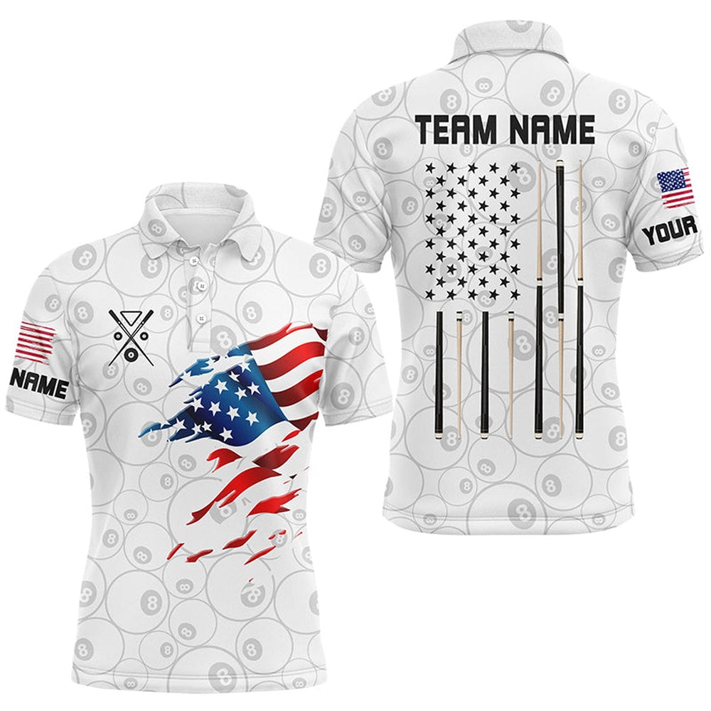 Billiard Polo Shirts, Personalized American Flag White Billiard Shirts Custom Patriotic Billiard Jerseys, Billiards Team Shirts