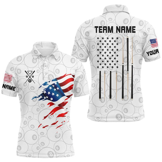 Billiard Polo Shirts, Personalized American Flag White Billiard Shirts Custom Patriotic Billiard Jerseys, Billiards Team Shirts