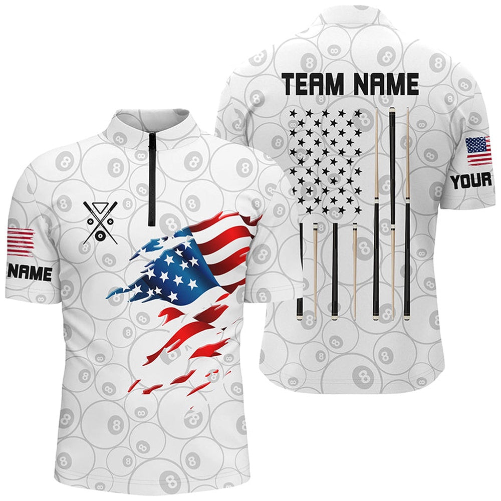 Billiard Polo Shirts, Personalized American Flag White Billiard Shirts Custom Patriotic Billiard Jerseys, Billiards Team Shirts