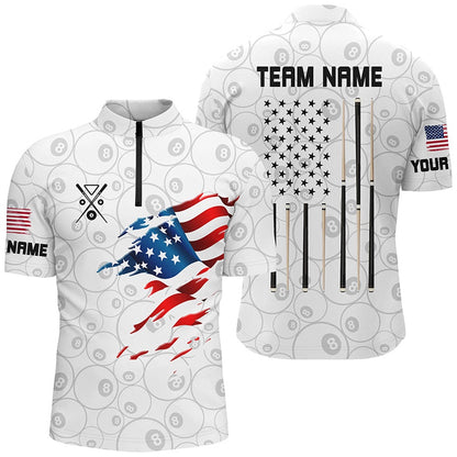 Billiard Polo Shirts, Personalized American Flag White Billiard Shirts Custom Patriotic Billiard Jerseys, Billiards Team Shirts