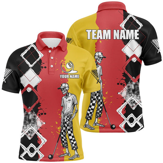 Billiard Polo Shirts, Personalized Argyle Funny Skeleton Billiard Shirts Custom Colorful Billiard Team Jerseys, Billiards Team Shirts