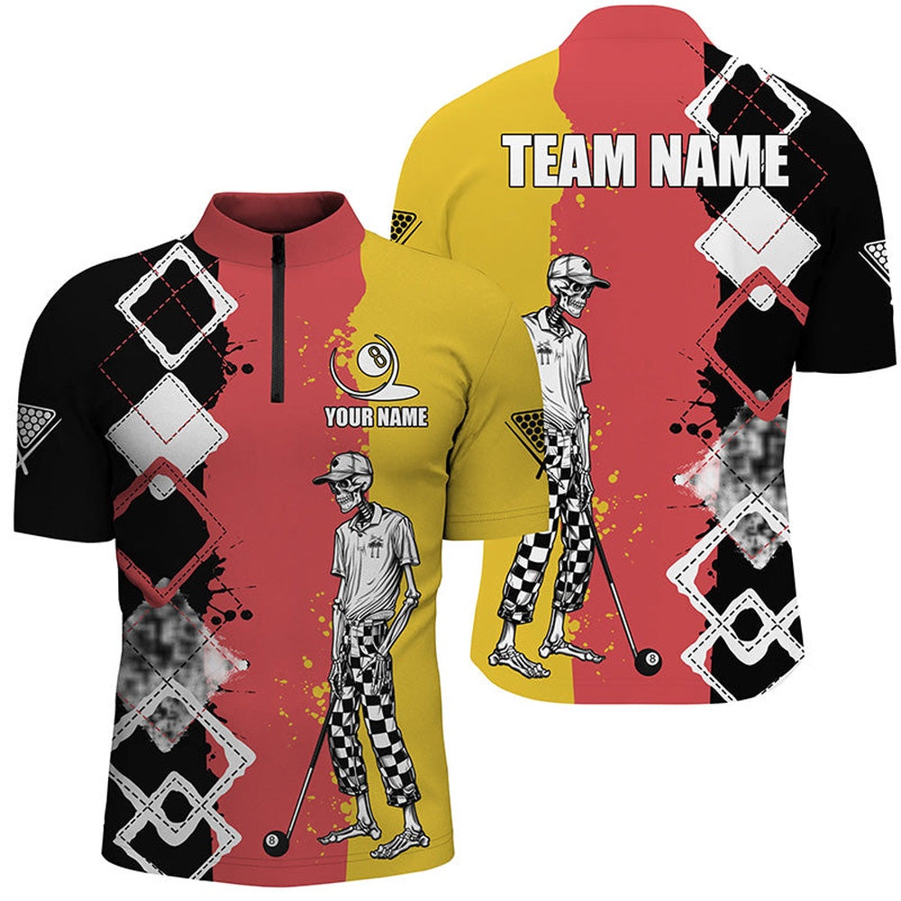 Billiard Polo Shirts, Personalized Argyle Funny Skeleton Billiard Shirts Custom Colorful Billiard Team Jerseys, Billiards Team Shirts
