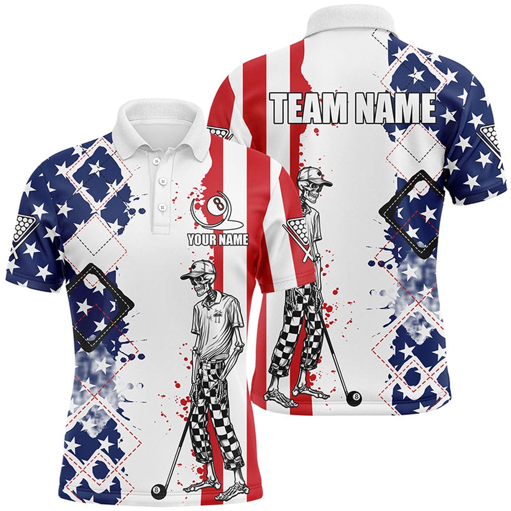 Billiard Polo Shirts, Personalized Argyle Us Flag Funny Skeleton Billiard Shirts, Patriotic Billiard Team Jerseys, Billiards Team Shirts