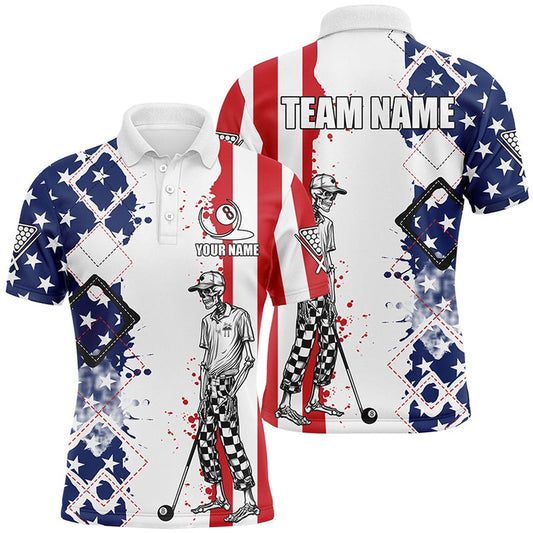 Billiard Polo Shirts, Personalized Argyle Us Flag Funny Skeleton Billiard Shirts, Patriotic Billiard Team Jerseys, Billiards Team Shirts