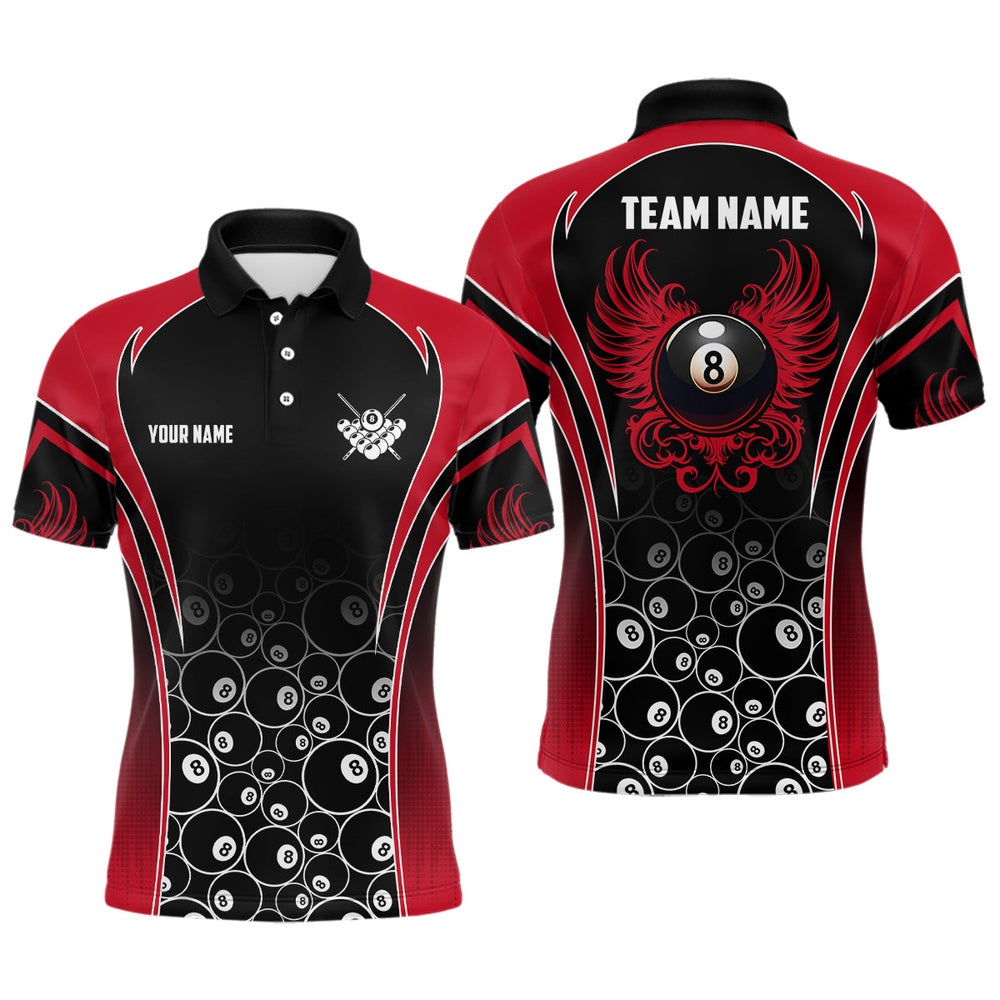 Billiard Polo Shirts, Personalized Ball 8 Wing Billiard Polo Shirts Custom Name Billiard Shirt Design Red, Billiards Team Shirts