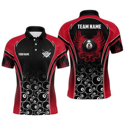 Billiard Polo Shirts, Personalized Ball 8 Wing Billiard Polo Shirts Custom Name Billiard Shirt Design Red, Billiards Team Shirts