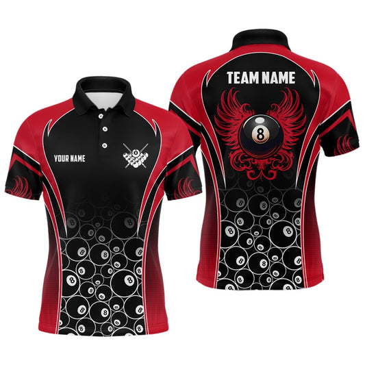 Billiard Polo Shirts, Personalized Ball 8 Wing Billiard Polo Shirts Custom Name Billiard Shirt Design Red, Billiards Team Shirts