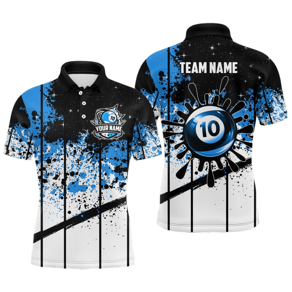 Billiard Polo Shirts, Personalized Billiard 10 Ball Grunge Style Polo Shirts, 10 Ball Pool Billiard Attire Jerseys, Billiards Team Shirts