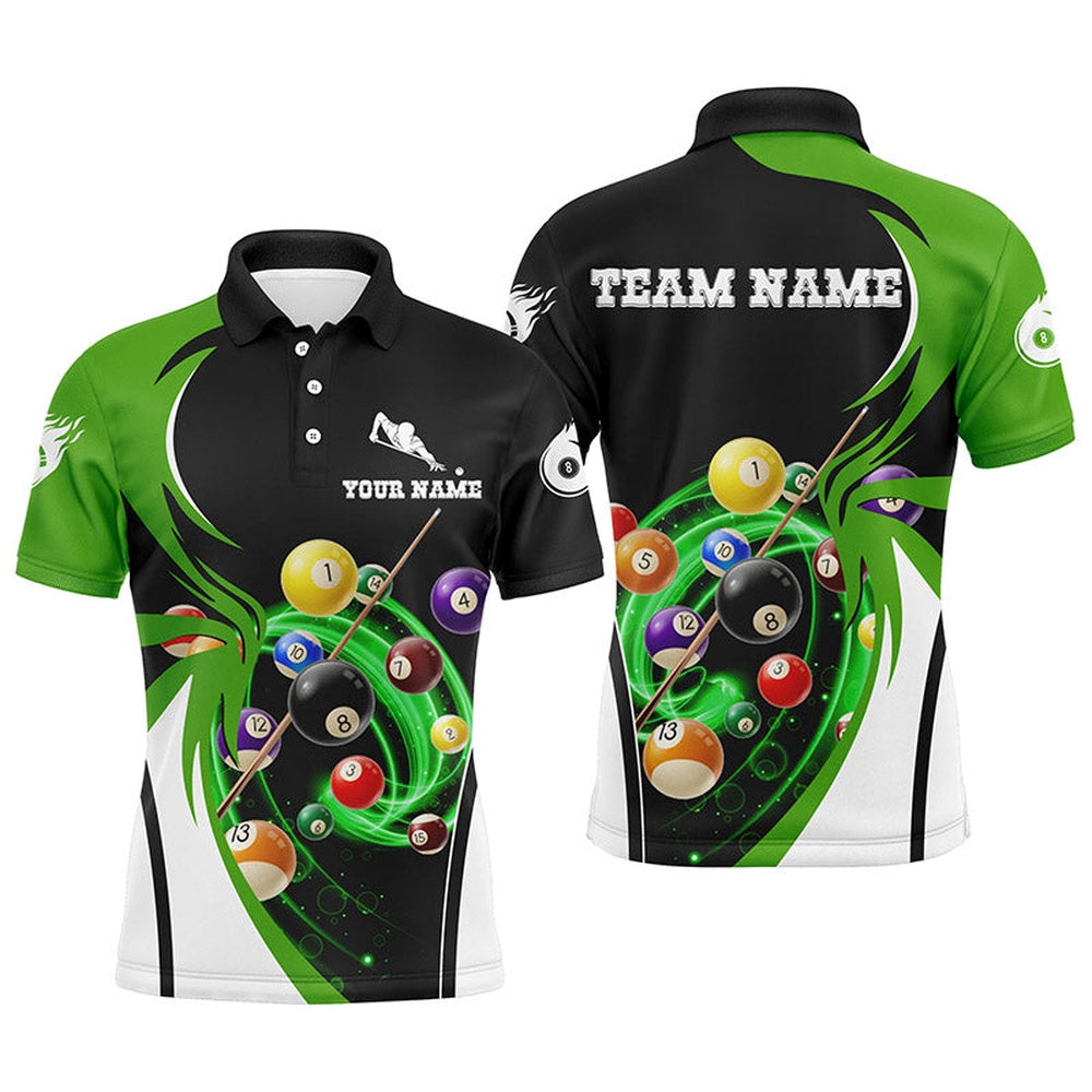 Billiard Polo Shirts, Personalized Billiard 3D Polo Shirts, Ball 8 Flame Player Billiards Green Jerseys, Billiards Team Shirts