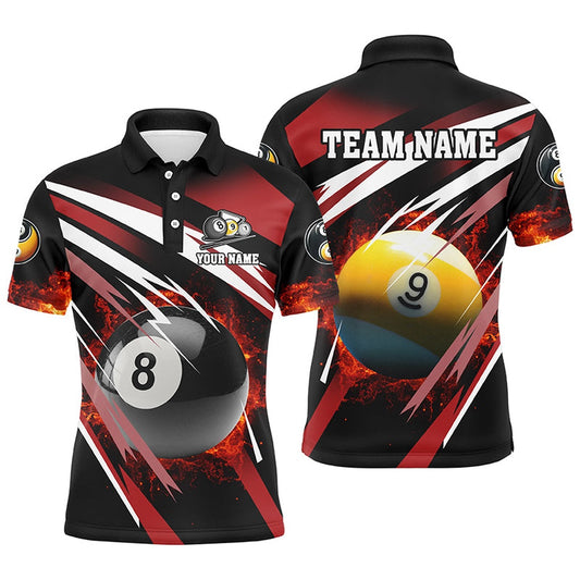 Billiard Polo Shirts, Personalized Billiard 8 Ball & 9 Ball Fire Polo Shirts Custom Billiard Jersey Attire Red, Billiards Team Shirts