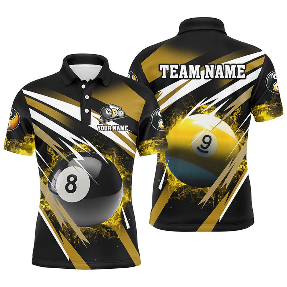 Billiard Polo Shirts, Personalized Billiard 8 Ball & 9 Ball Fire Polo Shirts Custom Billiard Jersey Attire Yellow, Billiards Team Shirts
