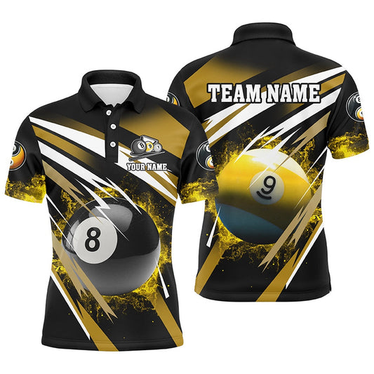 Billiard Polo Shirts, Personalized Billiard 8 Ball & 9 Ball Fire Polo Shirts Custom Billiard Jersey Attire Yellow, Billiards Team Shirts