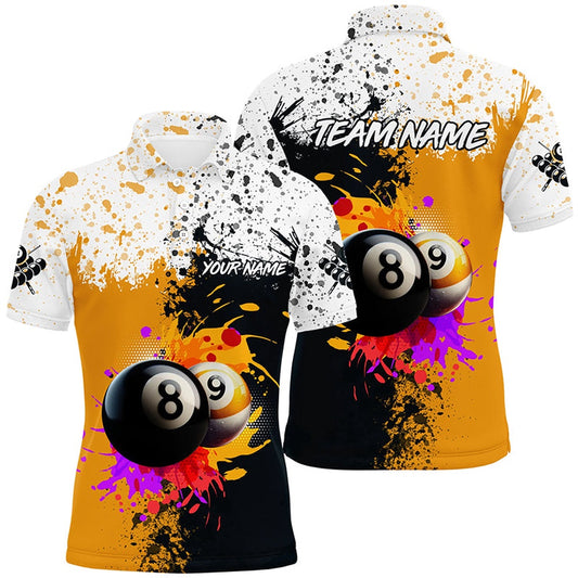Billiard Polo Shirts, Personalized Billiard 8 Ball & 9 Ball Grunge Style Custom Polo Shirts, Billiard Attire Jerseys, Billiards Team Shirts