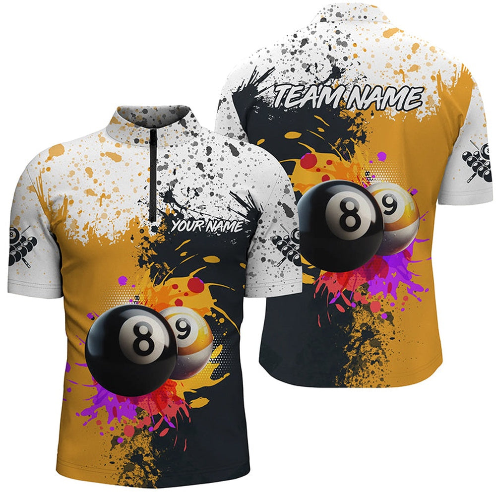 Billiard Polo Shirts, Personalized Billiard 8 Ball & 9 Ball Grunge Style Custom Polo Shirts, Billiard Attire Jerseys, Billiards Team Shirts